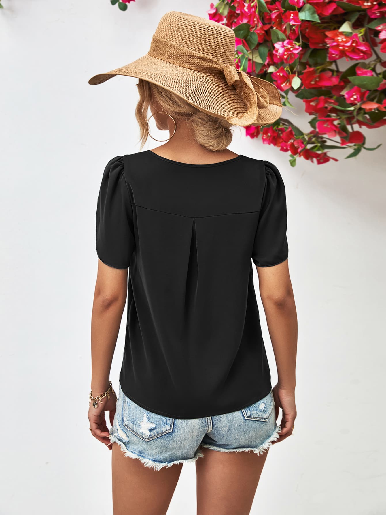 Cutout Round Neck Petal Sleeve Blouse - GirlyBayCutout Round Neck Petal Sleeve Blouse100100032058408SBlackGirlyBayCutout Round Neck Petal Sleeve Blouse