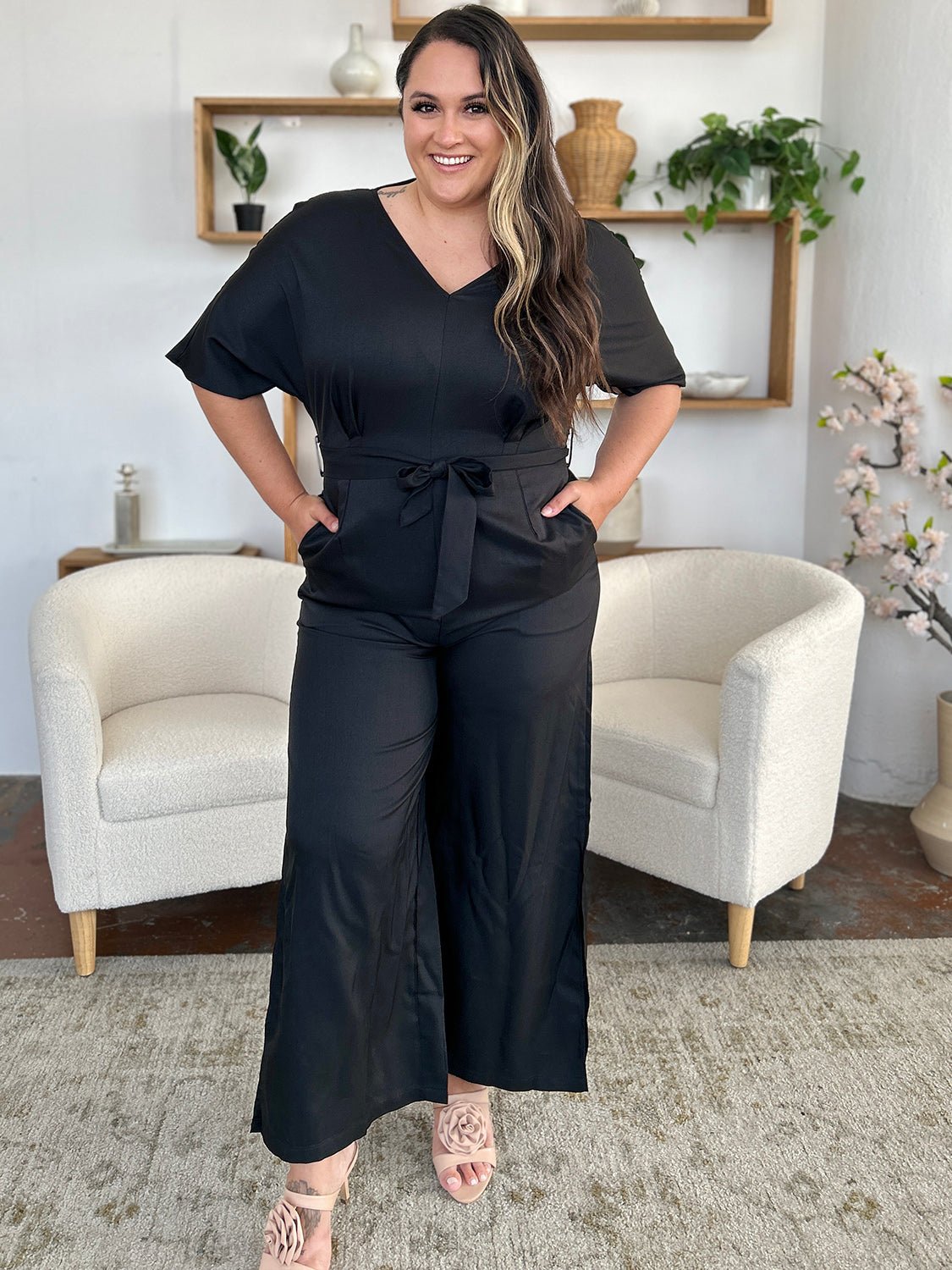 Double Take Full Size V - Neck Tied Side Slit Jumpsuit - GirlyBayJumpsuits & RompersDouble Take Full Size V - Neck Tied Side Slit Jumpsuit100100392071308SBlackGirlyBayDouble Take Full Size V - Neck Tied Side Slit Jumpsuit