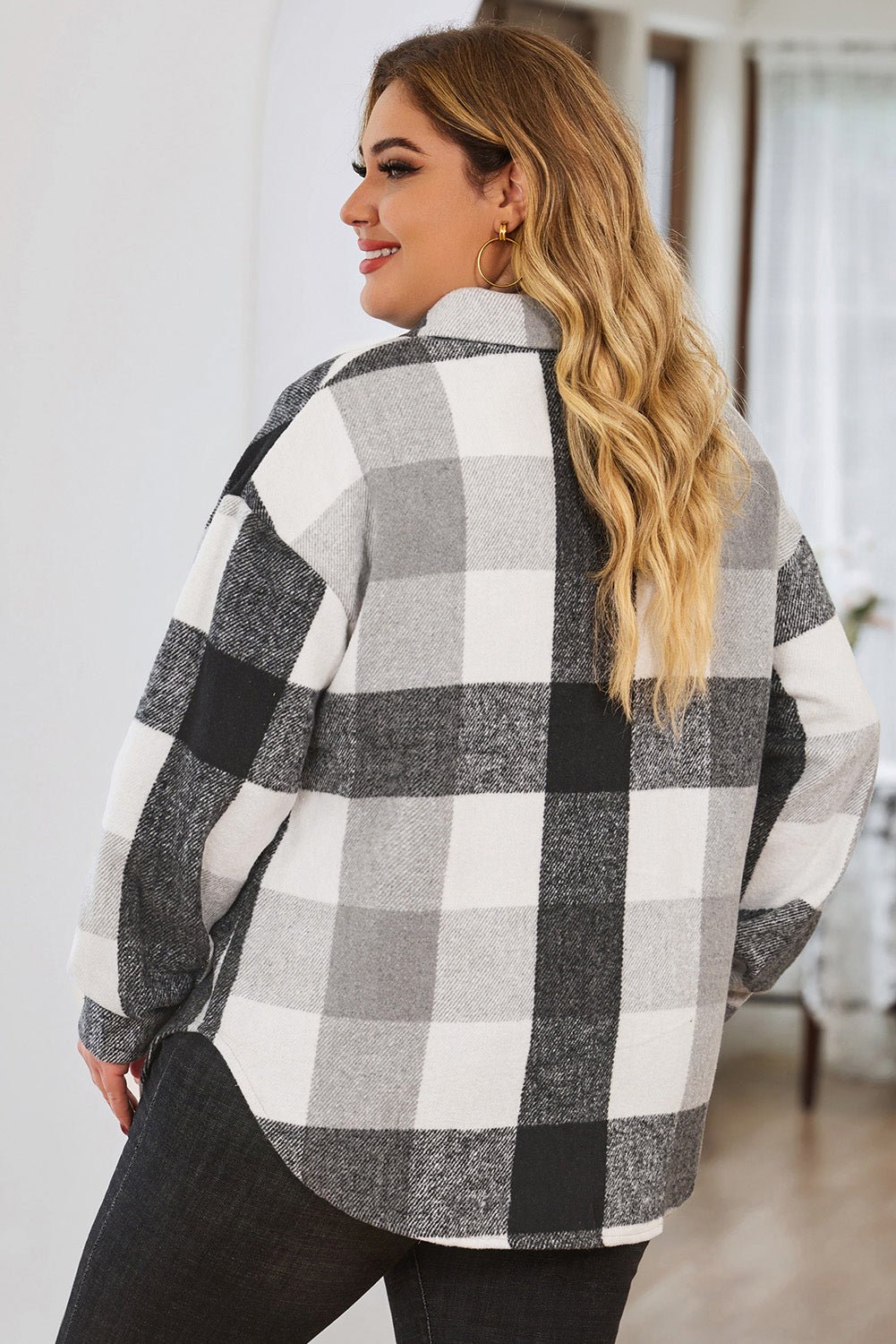Plus Size Plaid Button Up Collared Neck Jacket - GirlyBayOuterwearPlus Size Plaid Button Up Collared Neck Jacket1001009816287861XLBlackGirlyBayPlus Size Plaid Button Up Collared Neck Jacket