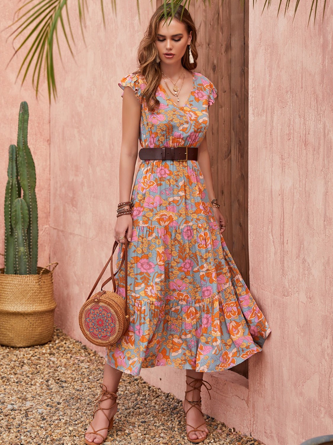 Ruffled Printed V - Neck Cap Sleeve Tiered Dress - GirlyBayMaxi DressesRuffled Printed V - Neck Cap Sleeve Tiered Dress100100545991677SMulticolorGirlyBayRuffled Printed V - Neck Cap Sleeve Tiered Dress