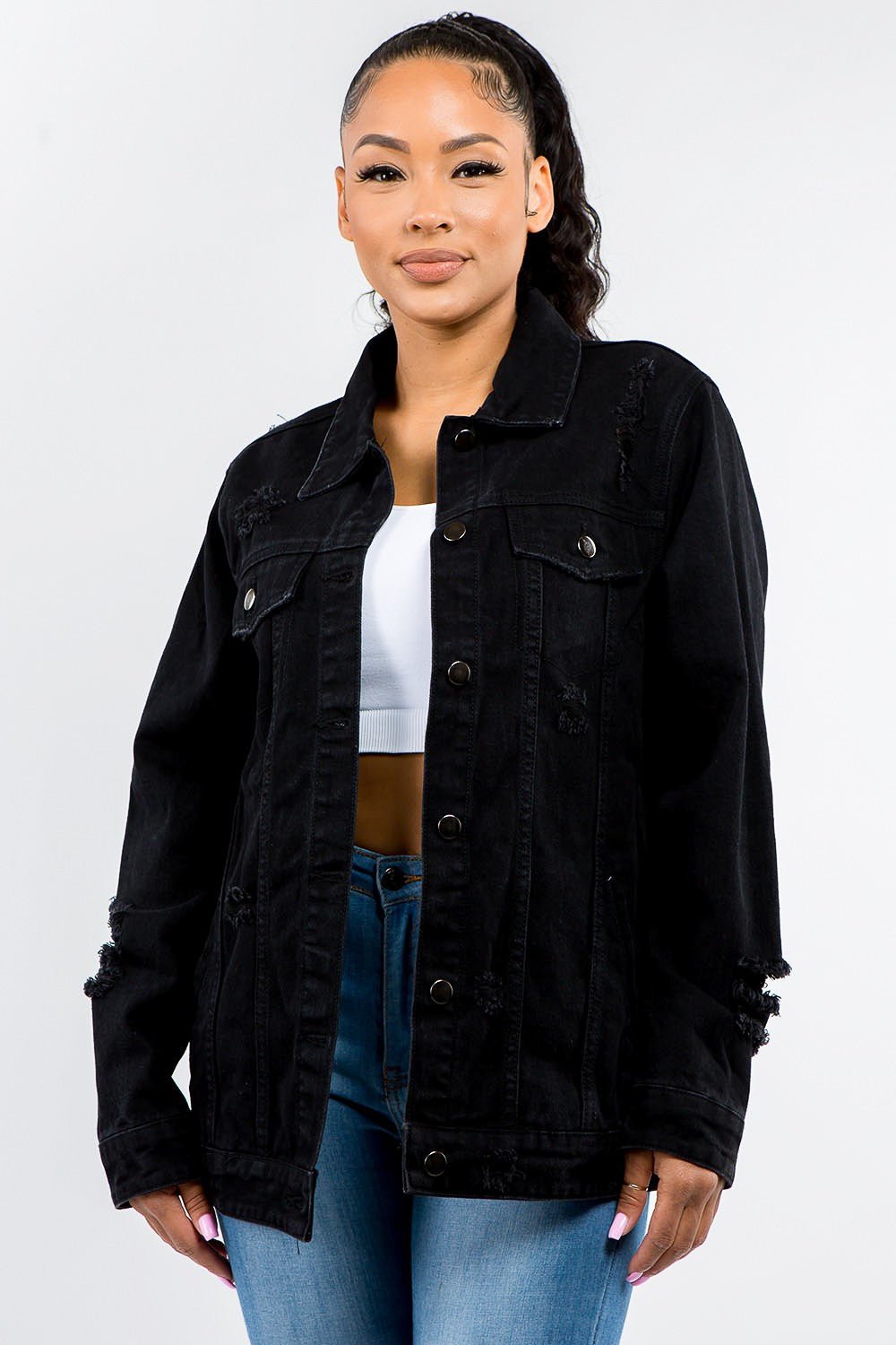 American Bazi Full Size Button Up Distressed Denim Jacket - GirlyBayOuterwearAmerican Bazi Full Size Button Up Distressed Denim Jacket100100856361513SBlackGirlyBayAmerican Bazi Full Size Button Up Distressed Denim Jacket