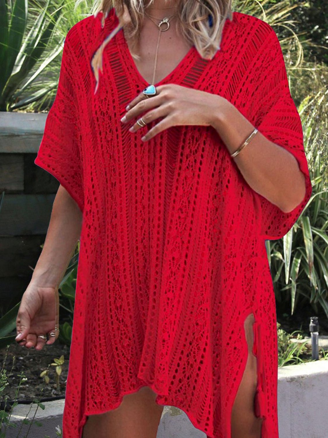 Angel Wings Cutout V-Neck Cover-Up with TasselCover UpsTrendsiGirlyBay