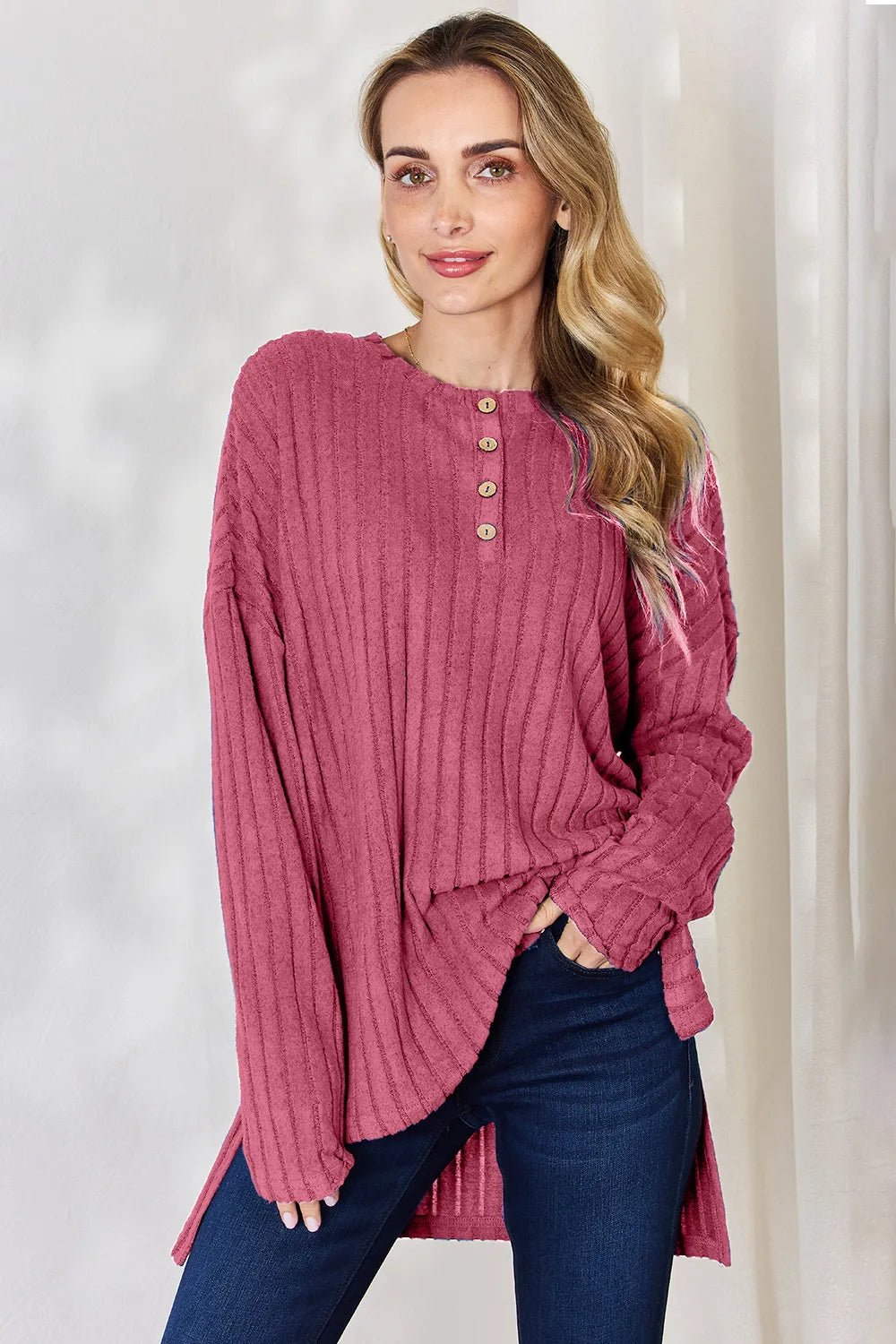 Basic Bae Full Size Ribbed Half Button Long Sleeve High - Low T-Shirt - GirlyBayGiryBay147ac92d - f399 - 495b - b548 - d98947d4e45f - Max100101401231958SHot PinkGirlyBay147ac92d - f399 - 495b - b548 - d98947d4e45f - MaxBasic Bae Full Size Ribbed Half Button Long Sleeve High - Low T-ShirtGiryBayGirlyBay100101401231958