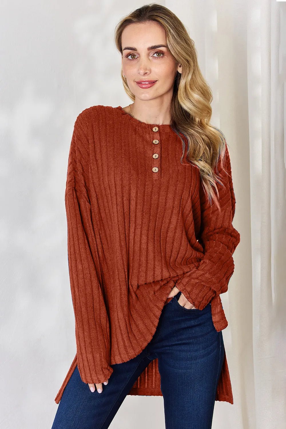 Basic Bae Full Size Ribbed Half Button Long Sleeve High - Low T-Shirt - GirlyBayGiryBay72fe45ce - f204 - 46d0 - a9f5 - 2785314ed8b7 - Max100101401232405SRustGirlyBay72fe45ce - f204 - 46d0 - a9f5 - 2785314ed8b7 - MaxBasic Bae Full Size Ribbed Half Button Long Sleeve High - Low T-ShirtGiryBayGirlyBay100101401232405