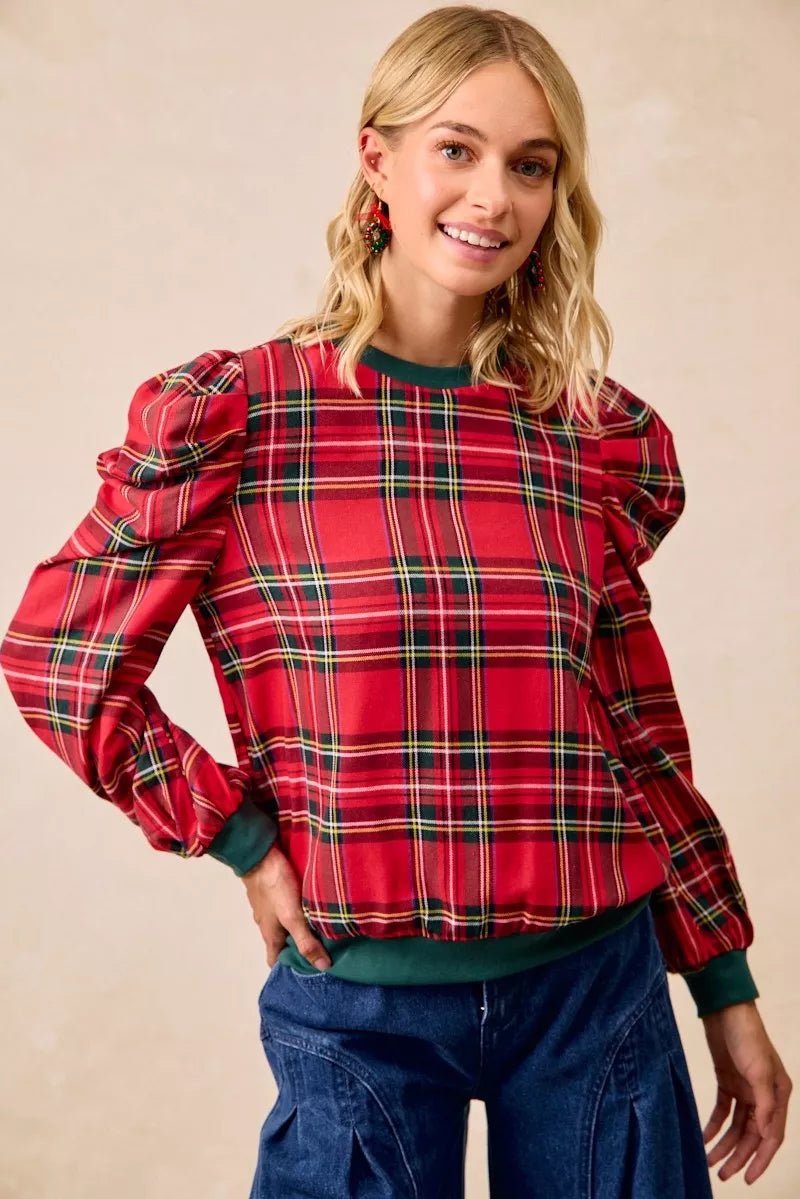 BiBi Christmas Plaid Exaggerated Shoulder Sleeves Top - GirlyBayShirtfda7c5cde0b14bf39c4e33e5661d59f6 - Max - Origin100100865411135SRED PLAIDGirlyBayfda7c5cde0b14bf39c4e33e5661d59f6 - Max - OriginBiBi Christmas Plaid Exaggerated Shoulder Sleeves TopShirtGirlyBay100100865411135