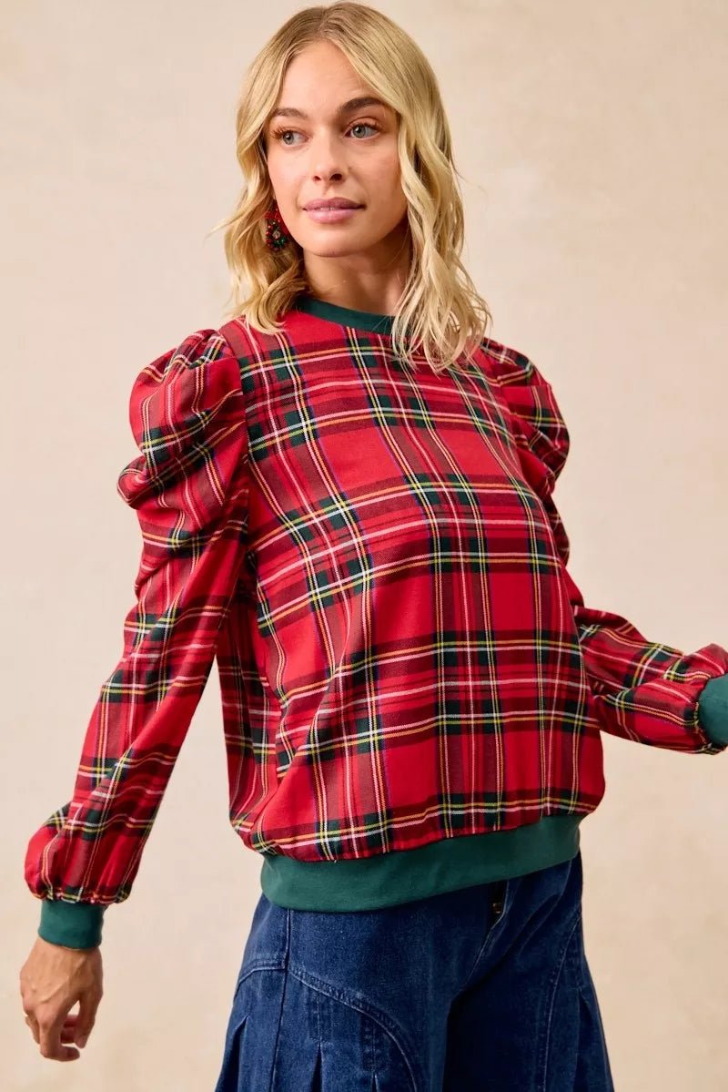BiBi Christmas Plaid Exaggerated Shoulder Sleeves Top - GirlyBayShirt16493e52e21549c59aa2f0cba623f715 - Max - Origin100100865411135SRED PLAIDGirlyBay16493e52e21549c59aa2f0cba623f715 - Max - OriginBiBi Christmas Plaid Exaggerated Shoulder Sleeves TopShirtGirlyBay100100865411135