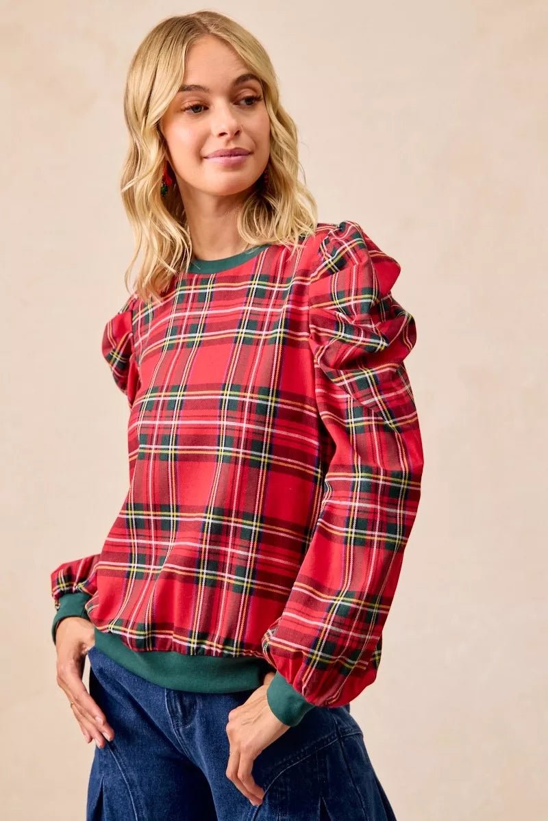 BiBi Christmas Plaid Exaggerated Shoulder Sleeves Top - GirlyBayShirt25c70523611a4bd4983c7ccdb3ac079c - Max - Origin100100865411135SRED PLAIDGirlyBay25c70523611a4bd4983c7ccdb3ac079c - Max - OriginBiBi Christmas Plaid Exaggerated Shoulder Sleeves TopShirtGirlyBay100100865411135