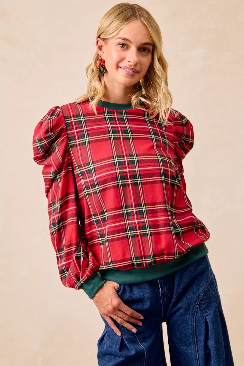 BiBi Christmas Plaid Exaggerated Shoulder Sleeves Top - GirlyBayShirtb41b07693b414dbd9f258ceb12e59ce7 - Max - Origin100100865411135SRED PLAIDGirlyBayb41b07693b414dbd9f258ceb12e59ce7 - Max - OriginBiBi Christmas Plaid Exaggerated Shoulder Sleeves TopShirtGirlyBay100100865411135