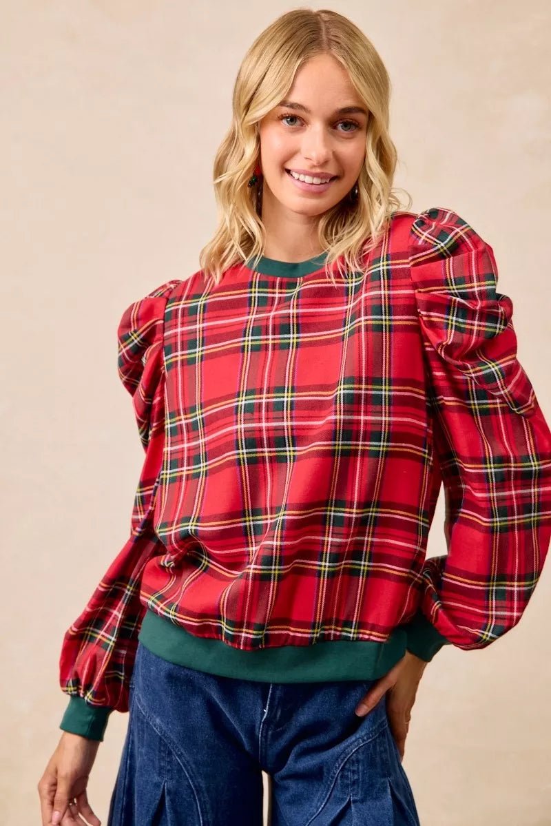 BiBi Christmas Plaid Exaggerated Shoulder Sleeves Top - GirlyBayShirtdb392aeb1bec413eb6513875bf1da544 - Max - Origin100100865411135SRED PLAIDGirlyBaydb392aeb1bec413eb6513875bf1da544 - Max - OriginBiBi Christmas Plaid Exaggerated Shoulder Sleeves TopShirtGirlyBay100100865411135