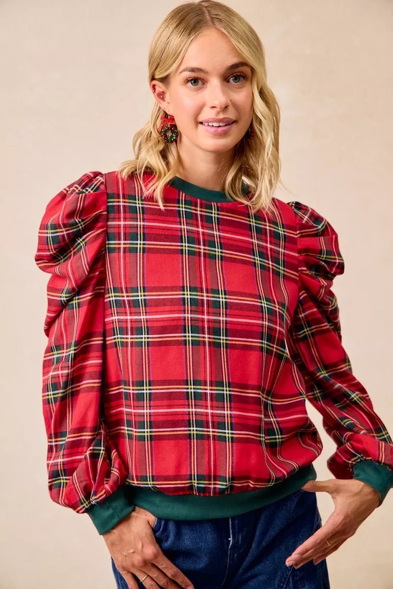 BiBi Christmas Plaid Exaggerated Shoulder Sleeves Top - GirlyBayShirt88b74844b4e2477db536a7fb5381da32 - Max - Origin100100865411135SRED PLAIDGirlyBay88b74844b4e2477db536a7fb5381da32 - Max - OriginBiBi Christmas Plaid Exaggerated Shoulder Sleeves TopShirtGirlyBay100100865411135