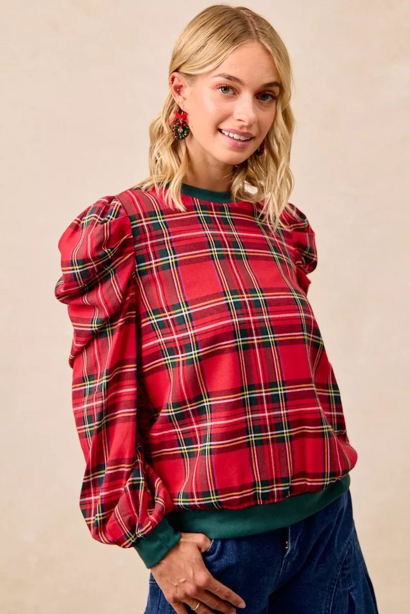 BiBi Christmas Plaid Exaggerated Shoulder Sleeves Top - GirlyBayShirt10cd544c05774304aeb4a21f15a78301 - Max - Origin100100865411135SRED PLAIDGirlyBay10cd544c05774304aeb4a21f15a78301 - Max - OriginBiBi Christmas Plaid Exaggerated Shoulder Sleeves TopShirtGirlyBay100100865411135