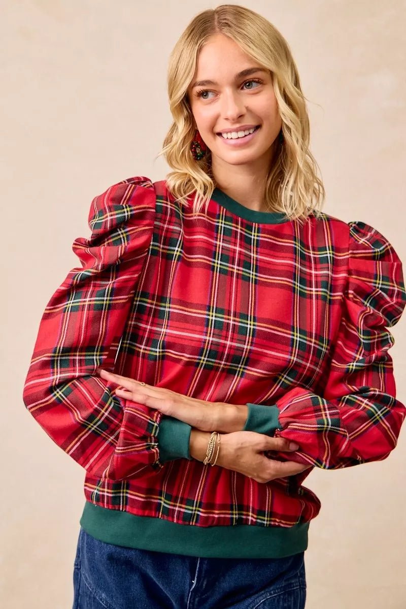 BiBi Christmas Plaid Exaggerated Shoulder Sleeves Top - GirlyBayShirta5871abb1b8648268db64d0a7dcc7aeb - Max - Origin100100865411135SRED PLAIDGirlyBaya5871abb1b8648268db64d0a7dcc7aeb - Max - OriginBiBi Christmas Plaid Exaggerated Shoulder Sleeves TopShirtGirlyBay100100865411135
