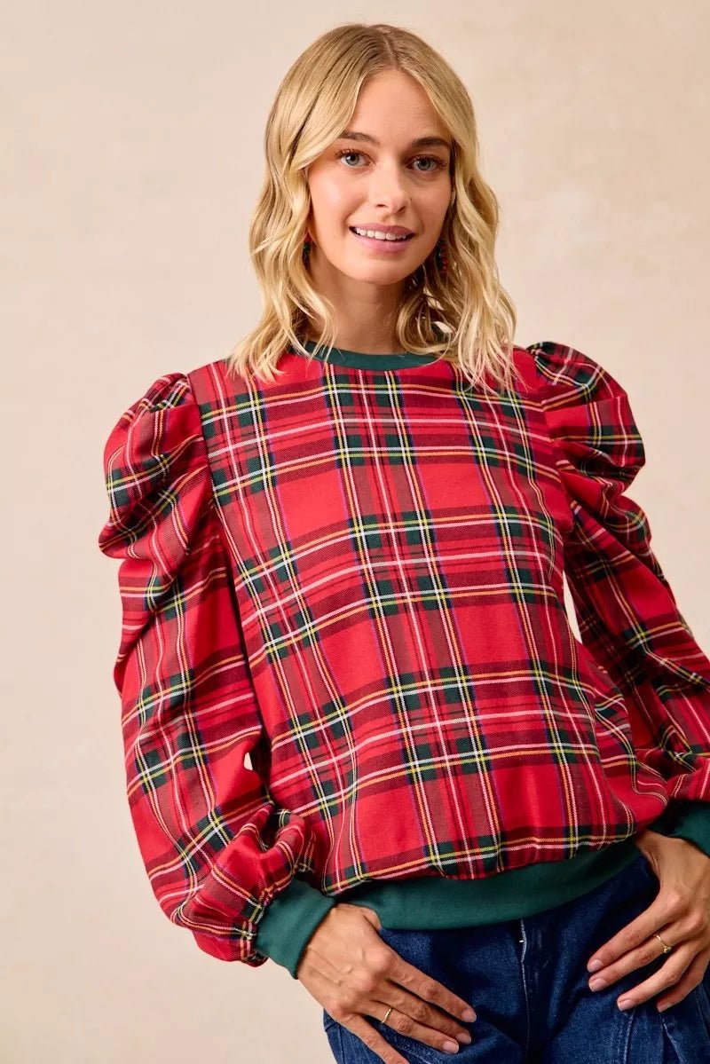 BiBi Christmas Plaid Exaggerated Shoulder Sleeves Top - GirlyBayShirt97a57c6ace364eb6904b3718d53da792 - Max - Origin100100865411135SRED PLAIDGirlyBay97a57c6ace364eb6904b3718d53da792 - Max - OriginBiBi Christmas Plaid Exaggerated Shoulder Sleeves TopShirtGirlyBay100100865411135