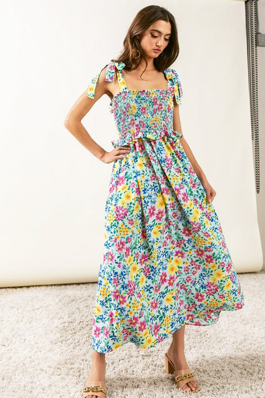 BiBi Floral Ruffle Trim Smocked Cami Dress - GirlyBayMaxi DressesBiBi Floral Ruffle Trim Smocked Cami Dress100100541101688SMintGirlyBayBiBi Floral Ruffle Trim Smocked Cami Dress