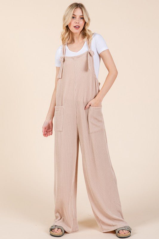 BOMBOM Knot Straps Wide Leg Ribbed Overalls with Pockets - GirlyBayJumpsuits & RompersBOMBOM Knot Straps Wide Leg Ribbed Overalls with Pockets100100840691255SDust StormGirlyBayBOMBOM Knot Straps Wide Leg Ribbed Overalls with Pockets