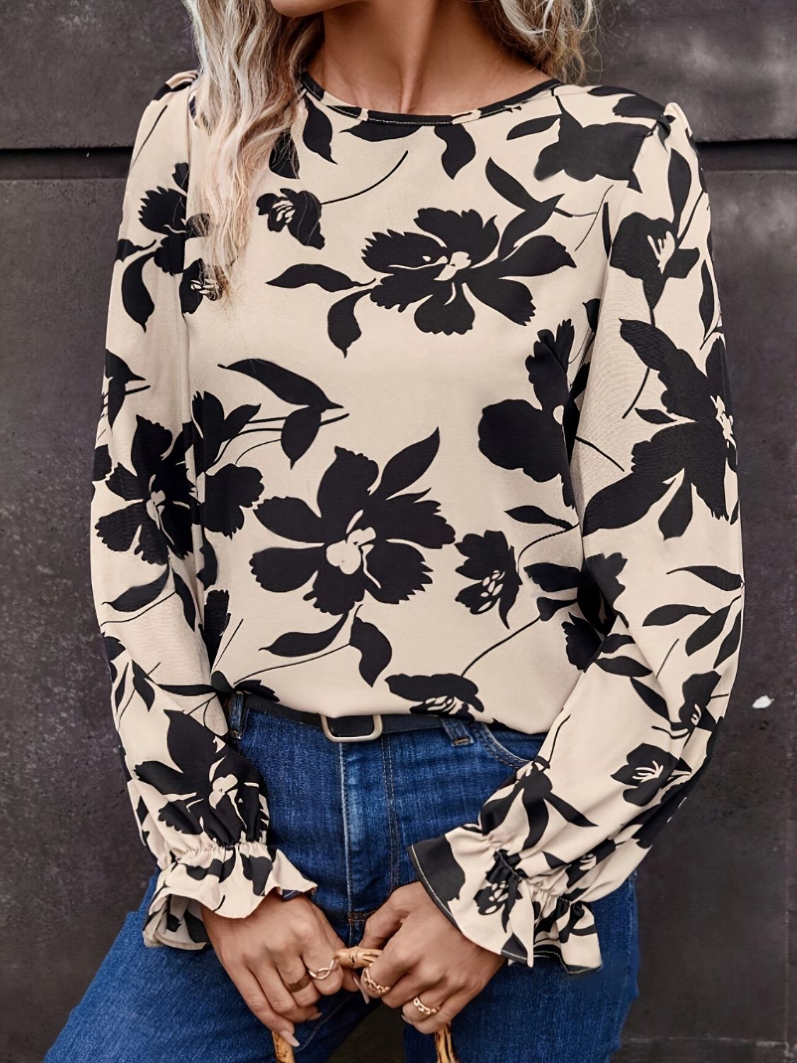 Bow Back Printed Round Neck Flounce Sleeve Blouse - GirlyBayShirtBow Back Printed Round Neck Flounce Sleeve Blouse100100491461906STanGirlyBayBow Back Printed Round Neck Flounce Sleeve Blouse
