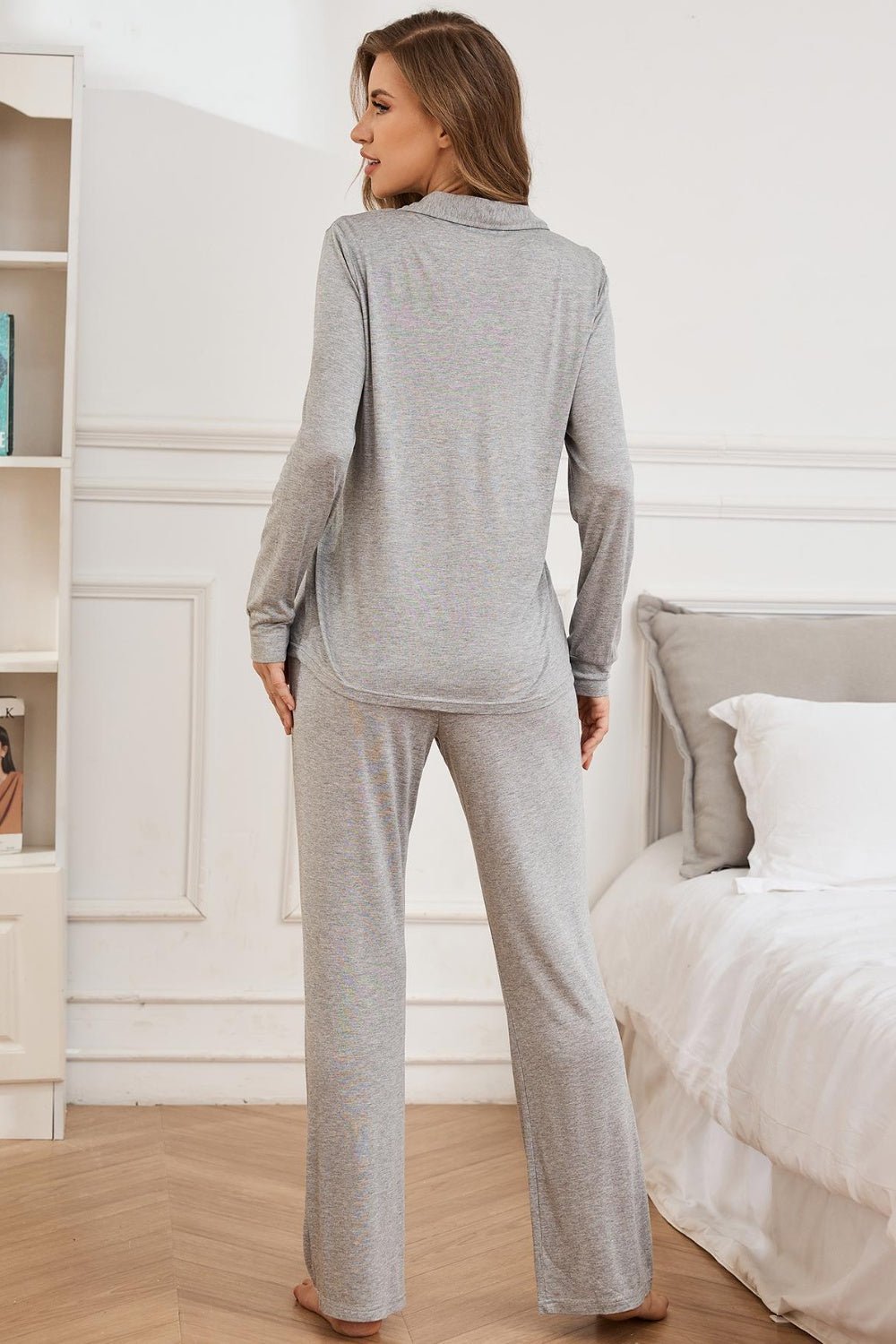 Button Up Long Sleeve Top and Pants Lounge Set - GirlyBayLoungewear & UnderwearButton Up Long Sleeve Top and Pants Lounge Set100100769101571SGrayGirlyBayButton Up Long Sleeve Top and Pants Lounge Set