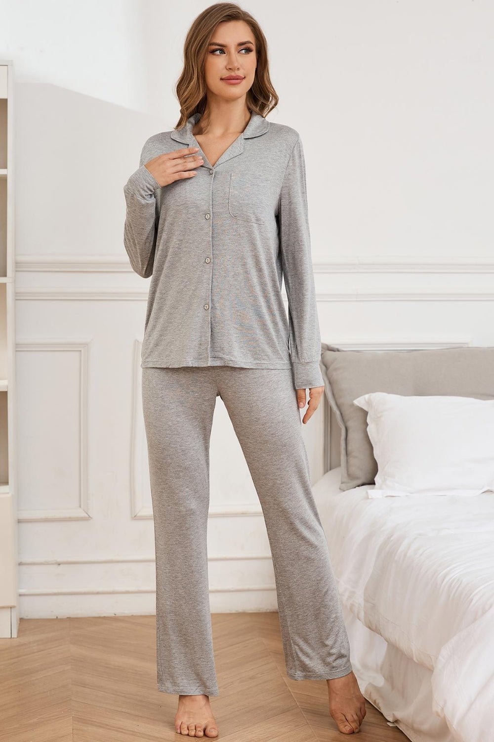 Button Up Long Sleeve Top and Pants Lounge Set - GirlyBayLoungewear & UnderwearButton Up Long Sleeve Top and Pants Lounge Set100100769101571SGrayGirlyBayButton Up Long Sleeve Top and Pants Lounge Set
