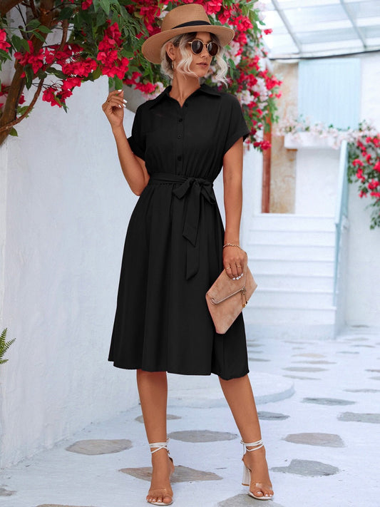 Buttoned Tie Waist Short Sleeve DressCasual DressesGirlyBayGirlyBay100100111631523BlackSShip From Overseas