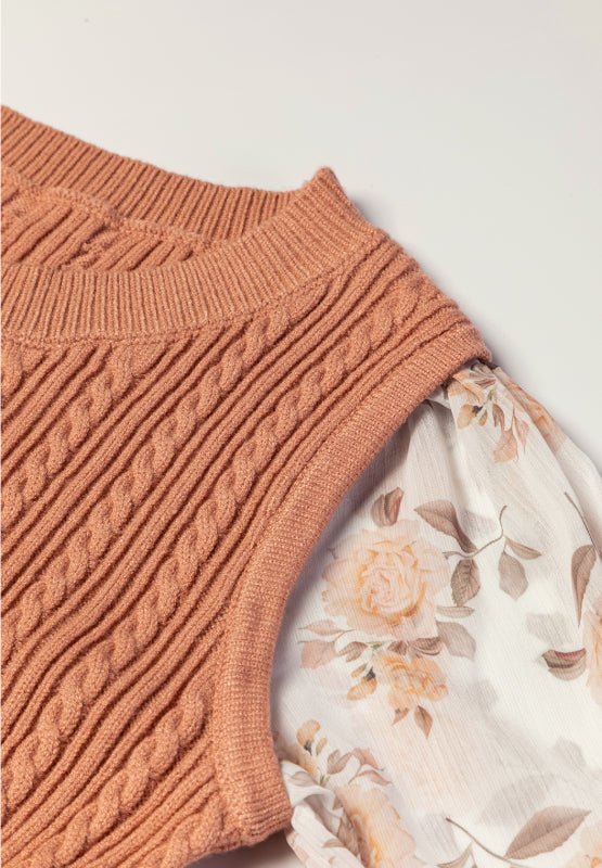 Cable Knit Round Neck Flounce Sleeve Sweater - GirlyBayCable Knit Round Neck Flounce Sleeve Sweater100100481751411SCamelGirlyBayCable Knit Round Neck Flounce Sleeve Sweater