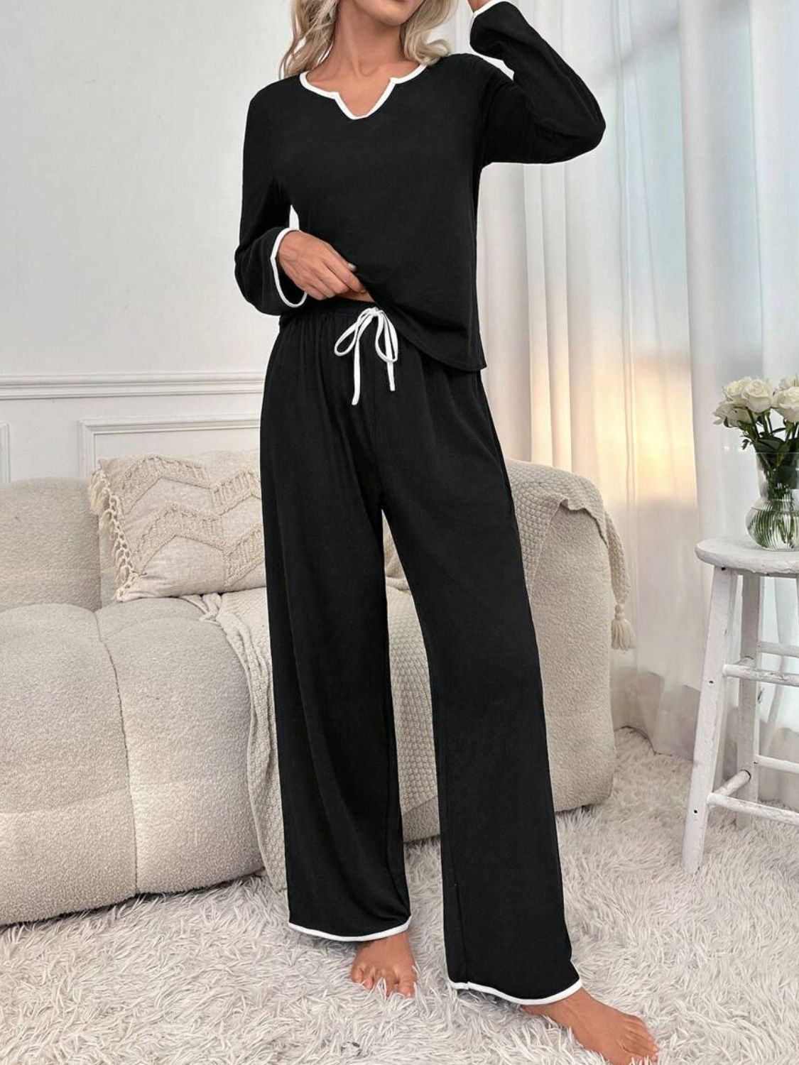 Contrast Trim Notched Long Sleeve Top and Pants Lounge Set - GirlyBayLoungewear & UnderwearContrast Trim Notched Long Sleeve Top and Pants Lounge Set100100874626931SBlackGirlyBayContrast Trim Notched Long Sleeve Top and Pants Lounge Set