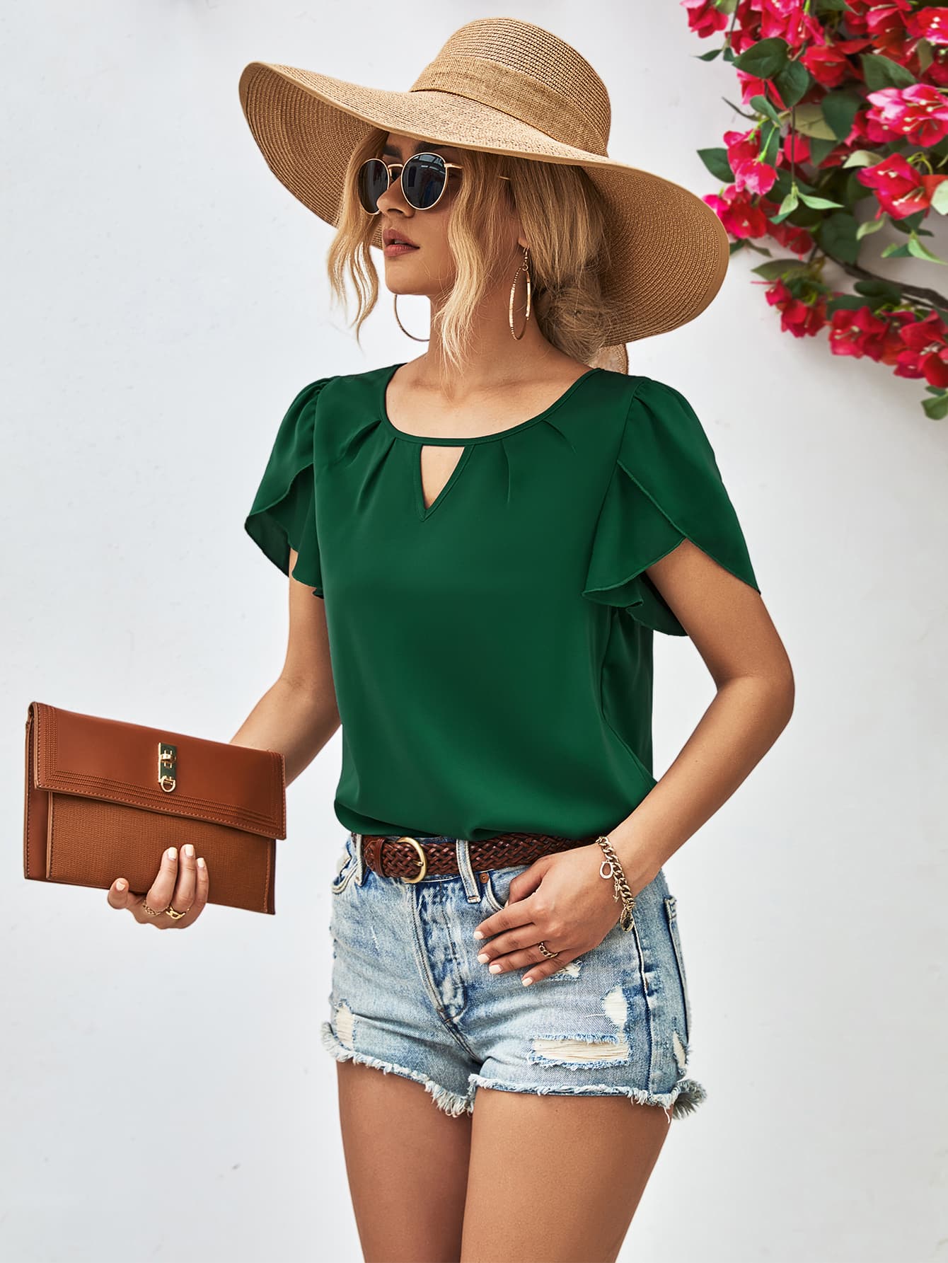 Cutout Round Neck Petal Sleeve Blouse - GirlyBayCutout Round Neck Petal Sleeve Blouse100100032055775SForestGirlyBayCutout Round Neck Petal Sleeve Blouse
