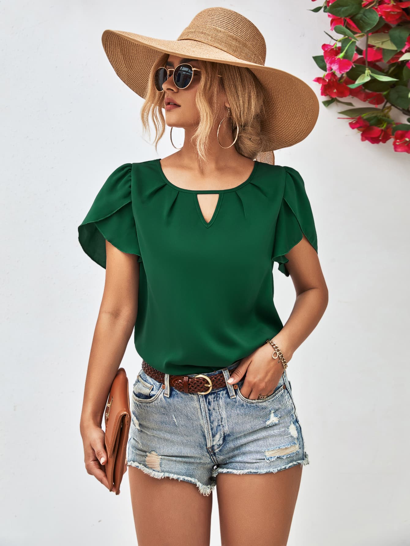 Cutout Round Neck Petal Sleeve Blouse - GirlyBayCutout Round Neck Petal Sleeve Blouse100100032055775SForestGirlyBayCutout Round Neck Petal Sleeve Blouse