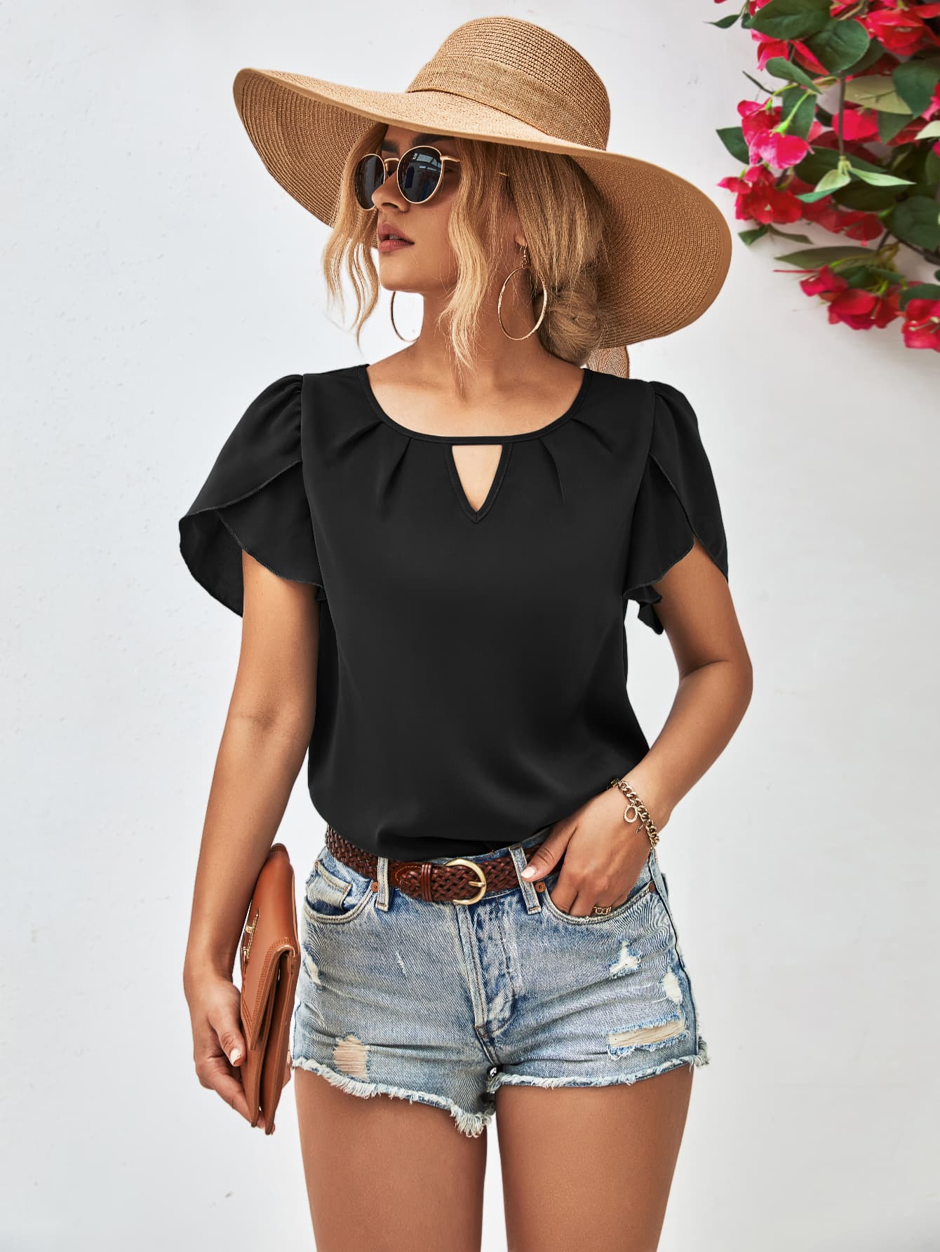 Cutout Round Neck Petal Sleeve Blouse - GirlyBayCutout Round Neck Petal Sleeve Blouse100100032058408SBlackGirlyBayCutout Round Neck Petal Sleeve Blouse
