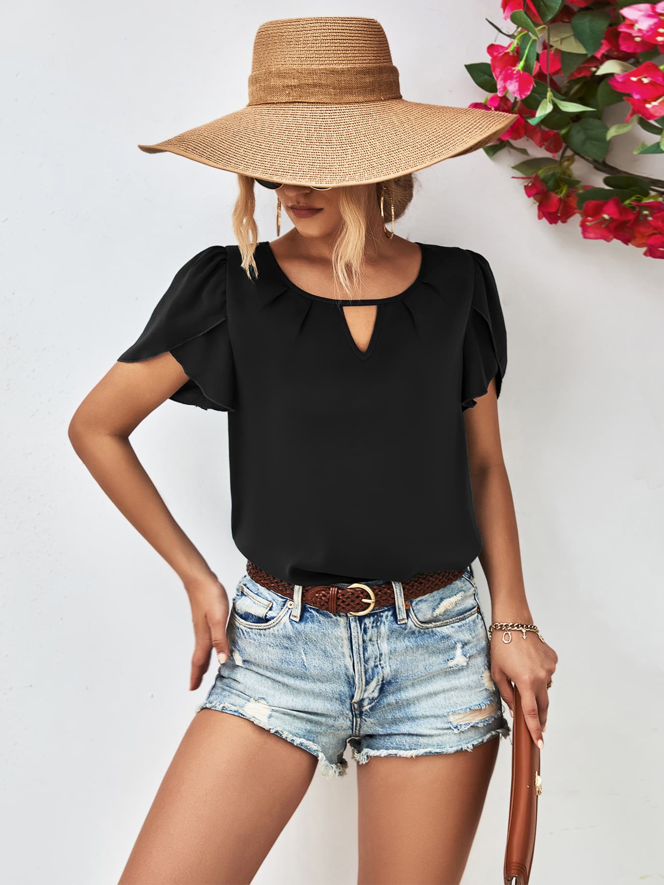 Cutout Round Neck Petal Sleeve Blouse - GirlyBayCutout Round Neck Petal Sleeve Blouse100100032058408SBlackGirlyBayCutout Round Neck Petal Sleeve Blouse