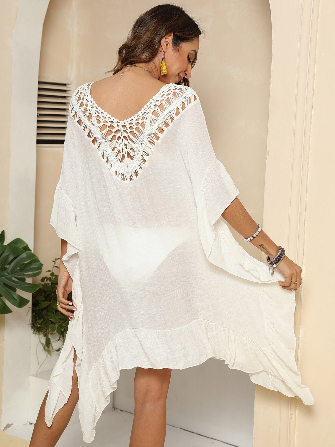 Cutout Ruffled Half Sleeve Cover-UpCover UpsTrendsiGirlyBay100100550231538IvoryOne SizeO & Y.M