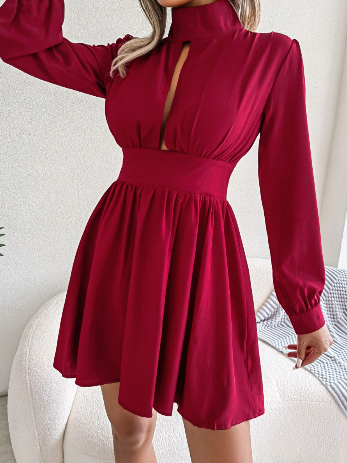 Cutout Turtleneck A - Line Mini Dress - GirlyBayCocktail DressesCutout Turtleneck A - Line Mini Dress100100929672036SRedGirlyBayCutout Turtleneck A - Line Mini Dress