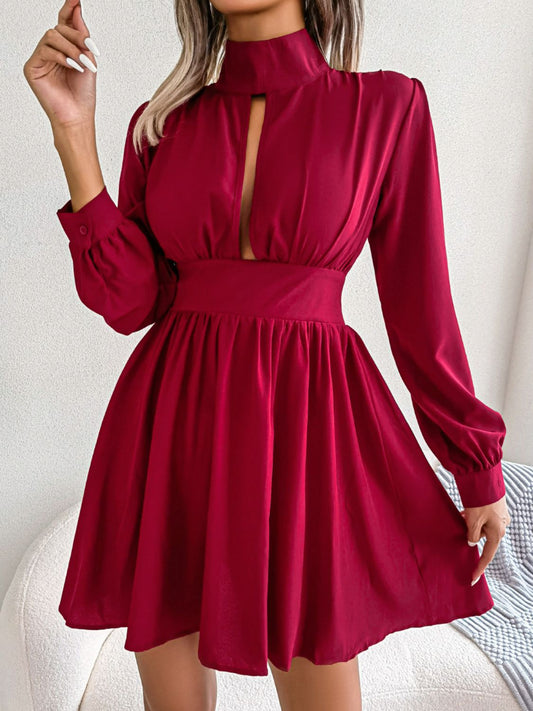 Cutout Turtleneck A - Line Mini Dress - GirlyBayCocktail DressesCutout Turtleneck A - Line Mini Dress100100929672036SRedGirlyBayCutout Turtleneck A - Line Mini Dress