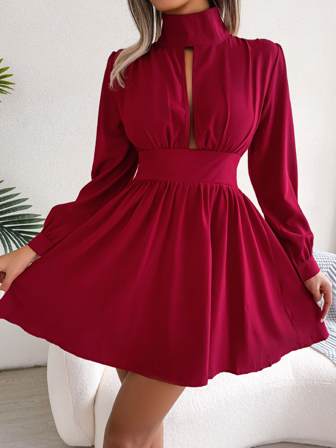 Cutout Turtleneck A - Line Mini Dress - GirlyBayCocktail DressesCutout Turtleneck A - Line Mini Dress100100929672036SRedGirlyBayCutout Turtleneck A - Line Mini Dress