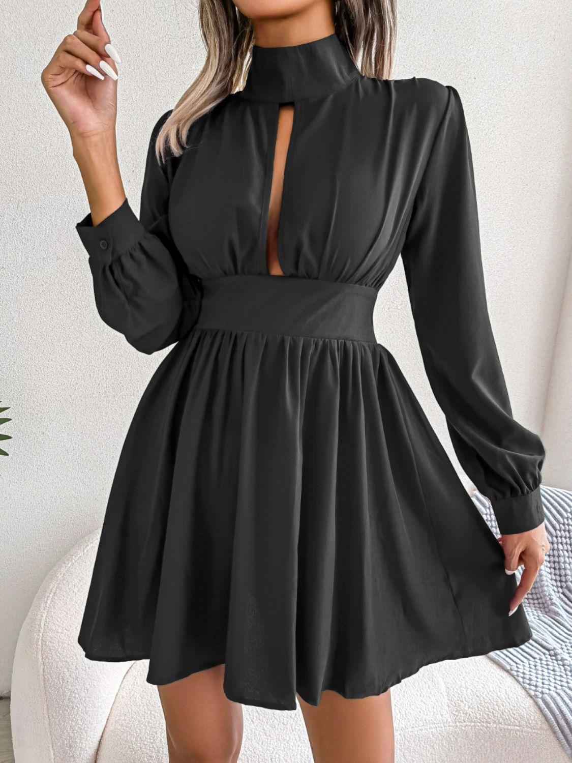 Cutout Turtleneck A - Line Mini Dress - GirlyBayCocktail DressesCutout Turtleneck A - Line Mini Dress100100929673846SBlackGirlyBayCutout Turtleneck A - Line Mini Dress
