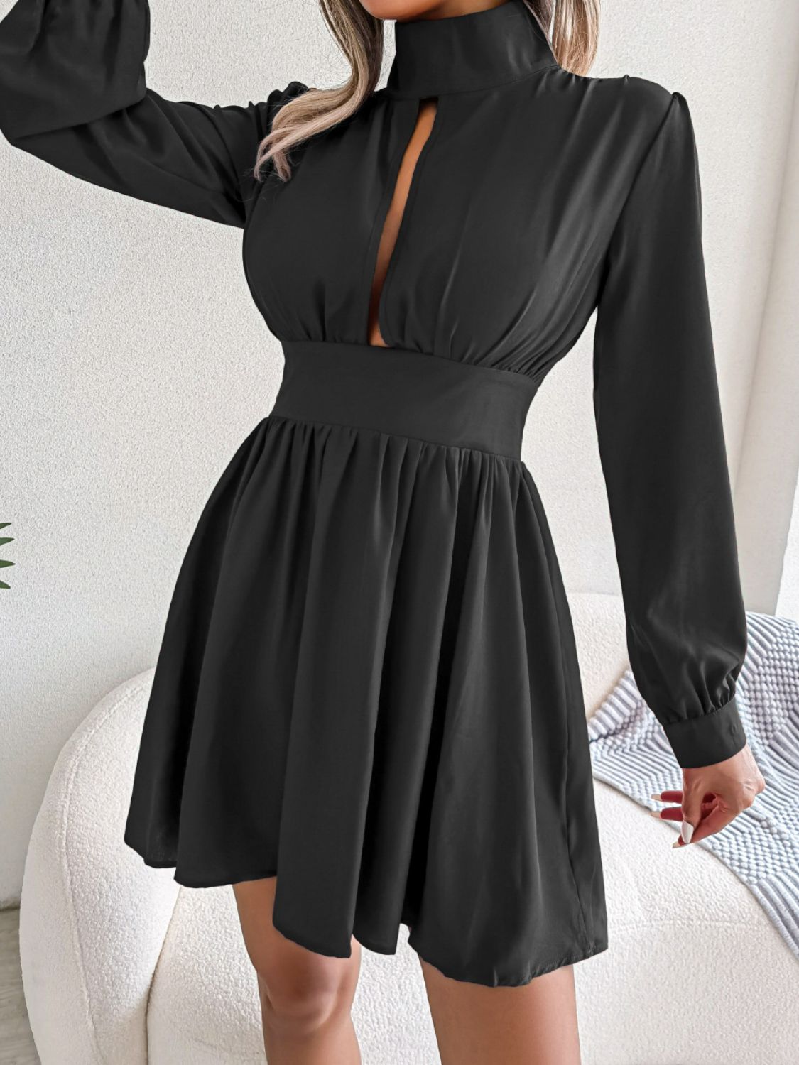 Cutout Turtleneck A - Line Mini Dress - GirlyBayCocktail DressesCutout Turtleneck A - Line Mini Dress100100929673846SBlackGirlyBayCutout Turtleneck A - Line Mini Dress