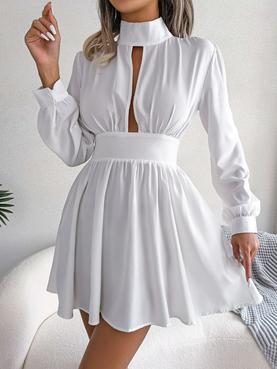 Cutout Turtleneck A - Line Mini Dress - GirlyBayCocktail DressesCutout Turtleneck A - Line Mini Dress100100929677706SWhiteGirlyBayCutout Turtleneck A - Line Mini Dress