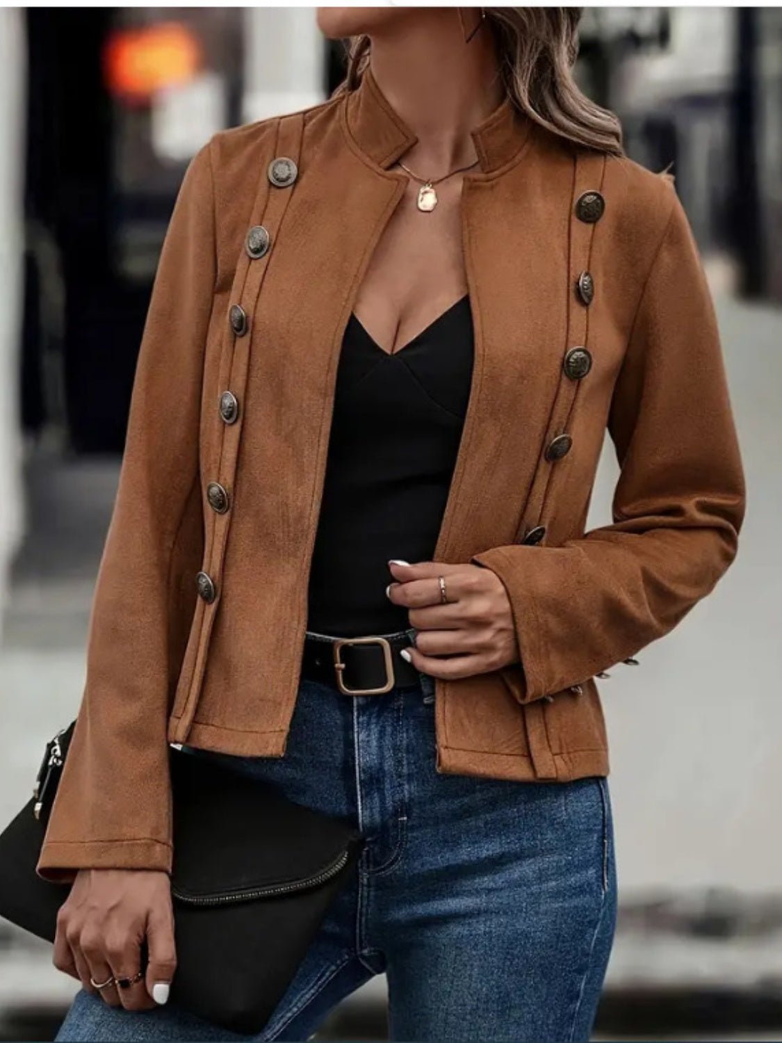 Decorative Button Open Front Long Sleeve Jacket - GirlyBayOuterwearDecorative Button Open Front Long Sleeve Jacket100100281541039SBrownGirlyBayDecorative Button Open Front Long Sleeve Jacket