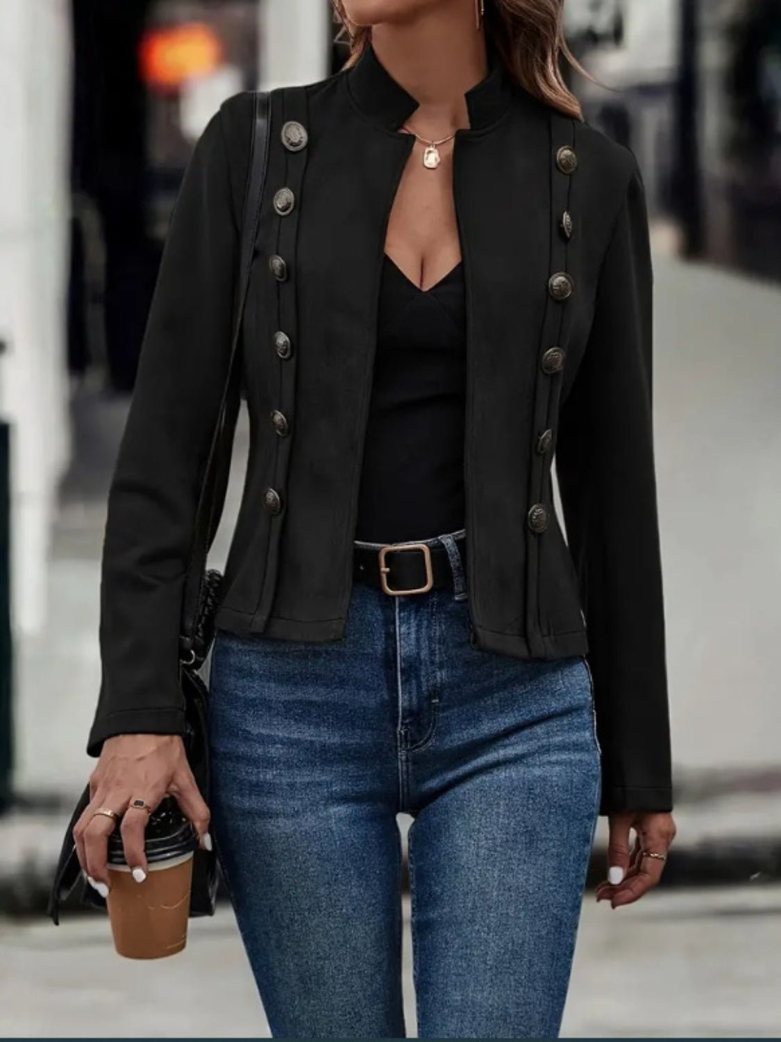 Decorative Button Open Front Long Sleeve Jacket - GirlyBayOuterwearDecorative Button Open Front Long Sleeve Jacket100100281546003SBlackGirlyBayDecorative Button Open Front Long Sleeve Jacket