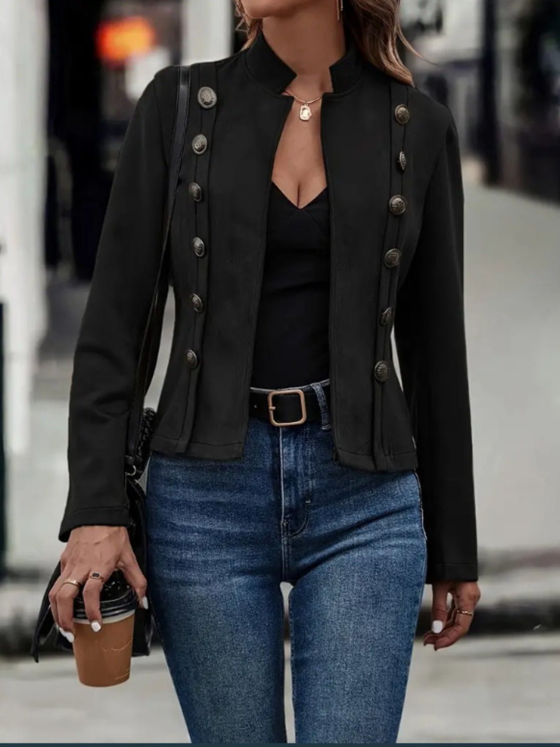 Decorative Button Open Front Long Sleeve Jacket - GirlyBayOuterwearDecorative Button Open Front Long Sleeve Jacket100100281546003SBlackGirlyBayDecorative Button Open Front Long Sleeve Jacket