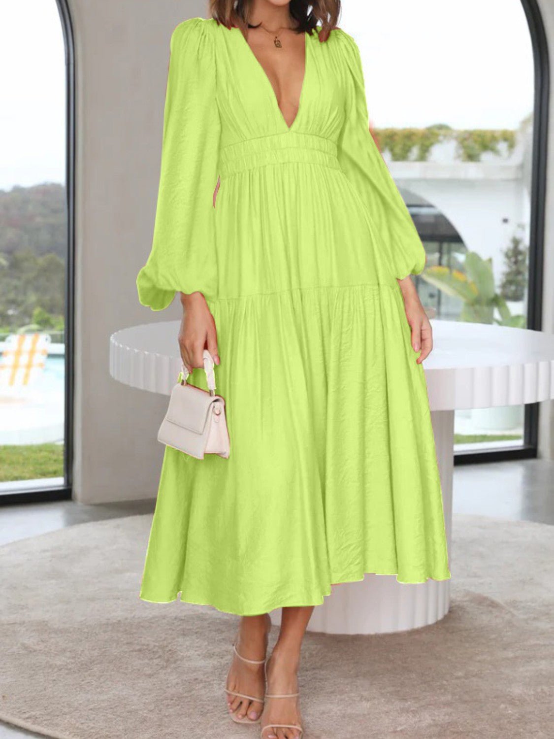 Deep V - Neck Balloon Sleeve Plain Maxi Dress - GirlyBayDeep V - Neck Balloon Sleeve Plain Maxi Dress100101861394093SMint GreenGirlyBayDeep V - Neck Balloon Sleeve Plain Maxi Dress