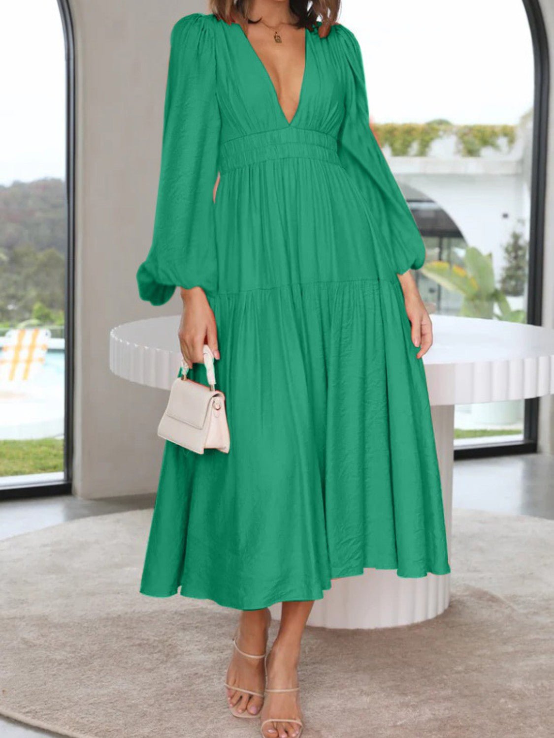 Deep V - Neck Balloon Sleeve Plain Maxi Dress - GirlyBayDeep V - Neck Balloon Sleeve Plain Maxi Dress100101861394674SGreenGirlyBayDeep V - Neck Balloon Sleeve Plain Maxi Dress