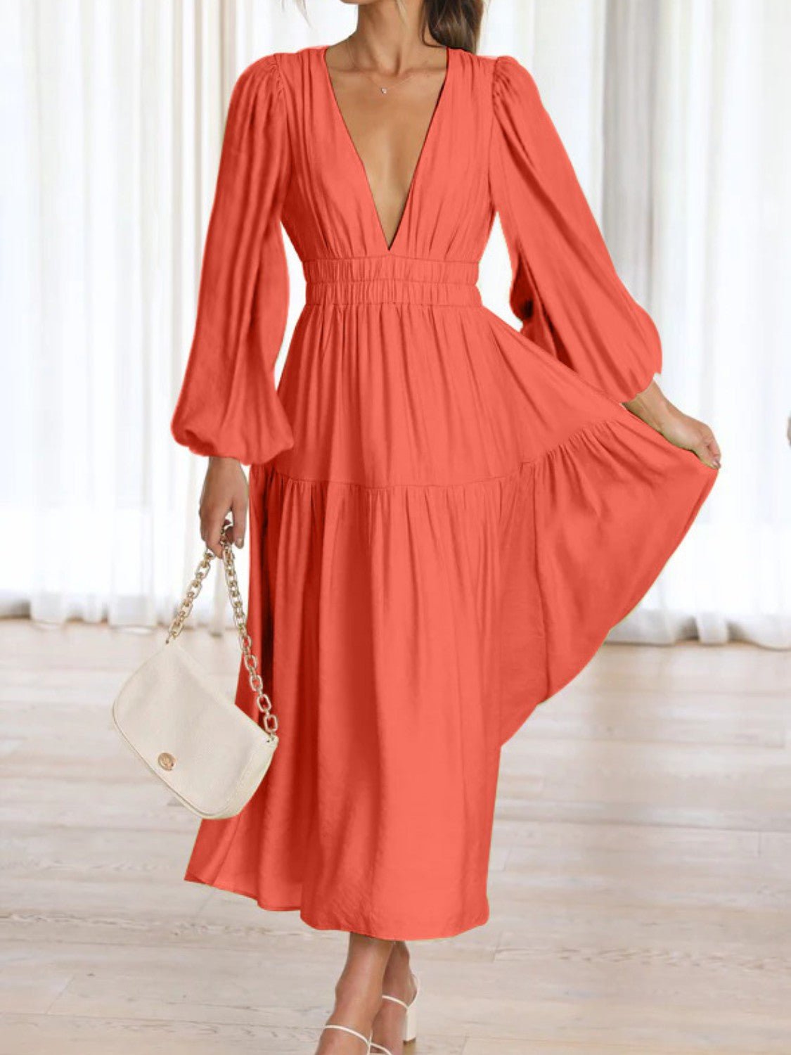 Deep V - Neck Balloon Sleeve Plain Maxi Dress - GirlyBayDeep V - Neck Balloon Sleeve Plain Maxi Dress100101861395806SStrawberryGirlyBayDeep V - Neck Balloon Sleeve Plain Maxi Dress