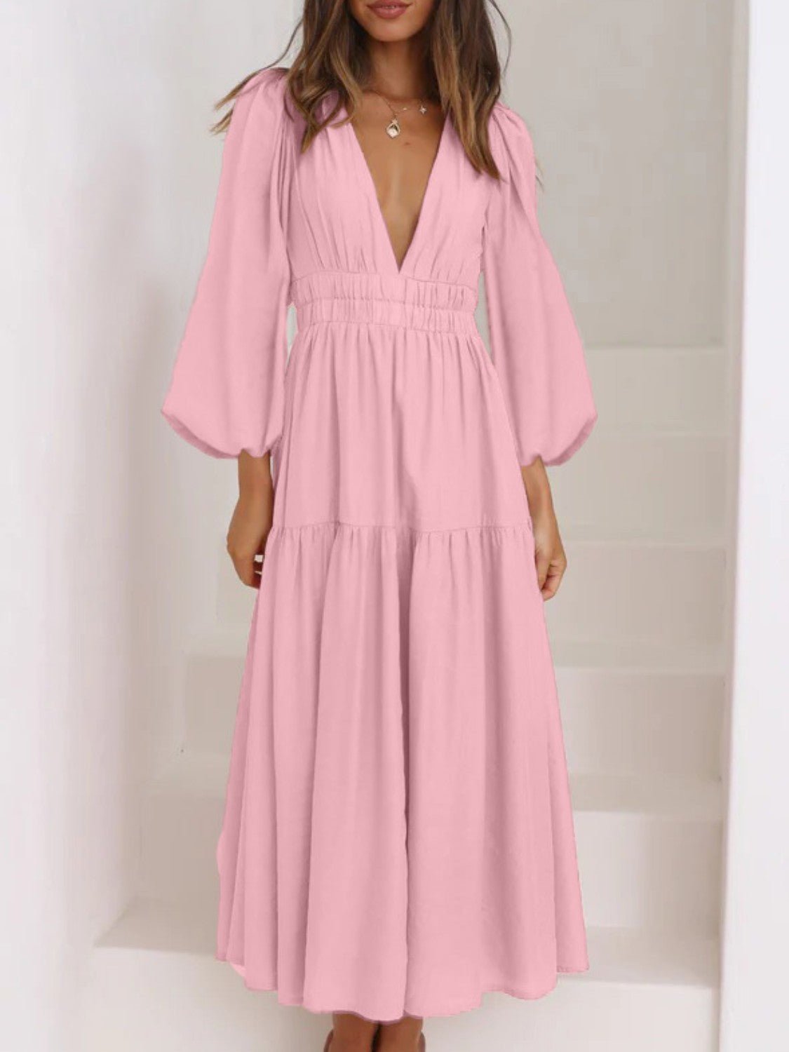 Deep V - Neck Balloon Sleeve Plain Maxi Dress - GirlyBayDeep V - Neck Balloon Sleeve Plain Maxi Dress100101861395881SBlush PinkGirlyBayDeep V - Neck Balloon Sleeve Plain Maxi Dress