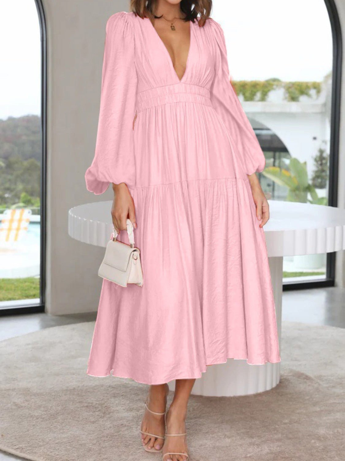 Deep V - Neck Balloon Sleeve Plain Maxi Dress - GirlyBayDeep V - Neck Balloon Sleeve Plain Maxi Dress100101861395881SBlush PinkGirlyBayDeep V - Neck Balloon Sleeve Plain Maxi Dress