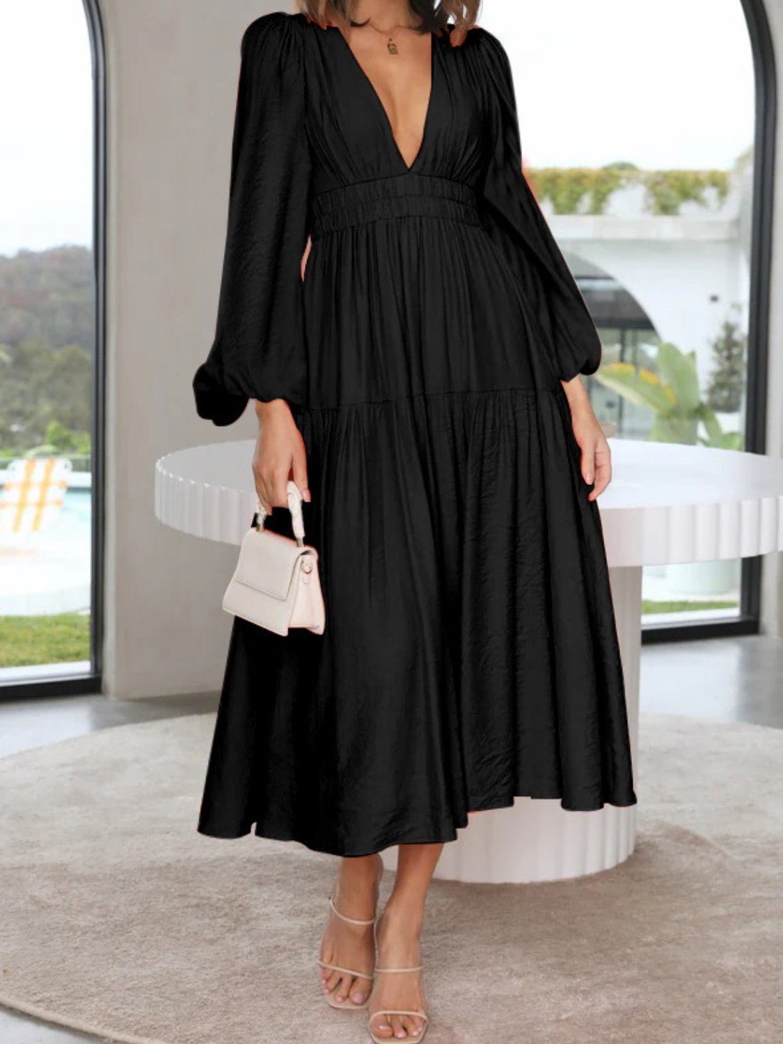 Deep V - Neck Balloon Sleeve Plain Maxi Dress - GirlyBayDeep V - Neck Balloon Sleeve Plain Maxi Dress100101861396759SBlackGirlyBayDeep V - Neck Balloon Sleeve Plain Maxi Dress