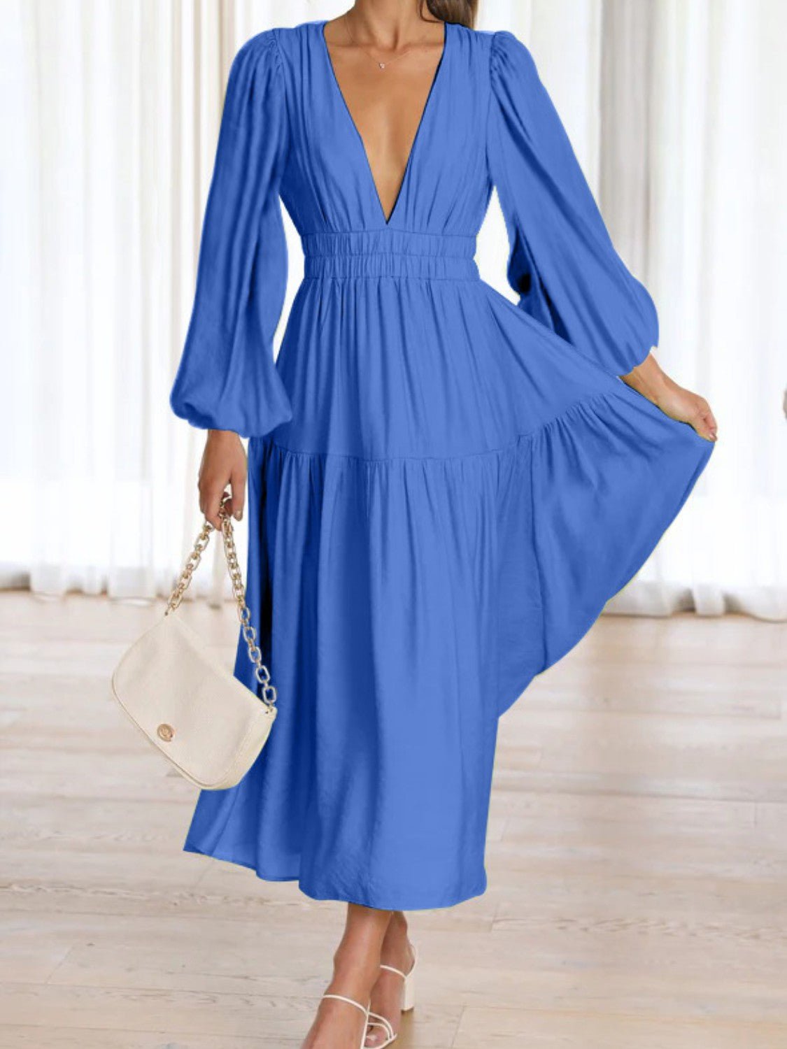 Deep V - Neck Balloon Sleeve Plain Maxi Dress - GirlyBayDeep V - Neck Balloon Sleeve Plain Maxi Dress100101861397419SCobalt BlueGirlyBayDeep V - Neck Balloon Sleeve Plain Maxi Dress