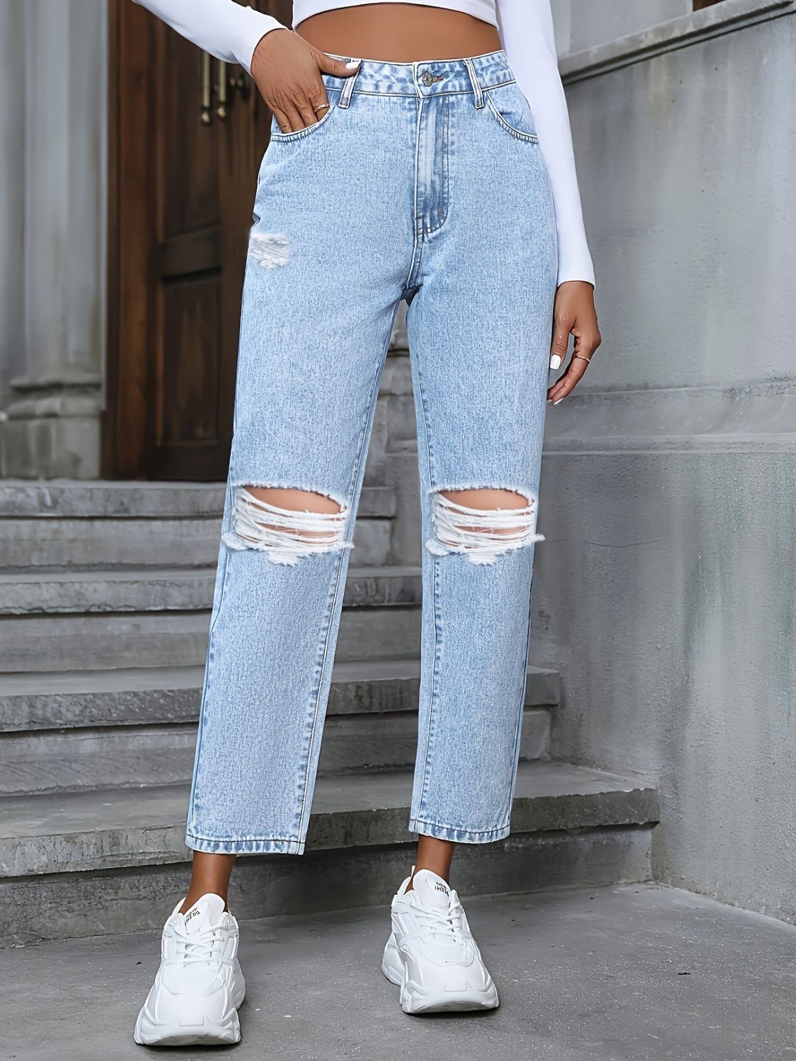 Distressed High Rise Jeans with Pockets - GirlyBayJeans & DenimDistressed High Rise Jeans with Pockets100100085951493XSLightGirlyBayDistressed High Rise Jeans with Pockets
