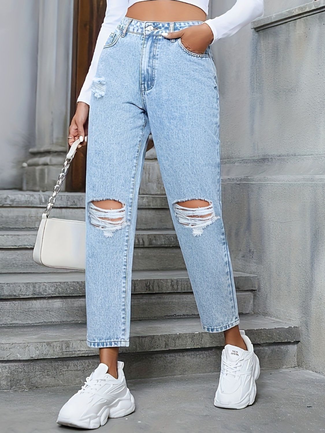 Distressed High Rise Jeans with Pockets - GirlyBayJeans & DenimDistressed High Rise Jeans with Pockets100100085951493XSLightGirlyBayDistressed High Rise Jeans with Pockets