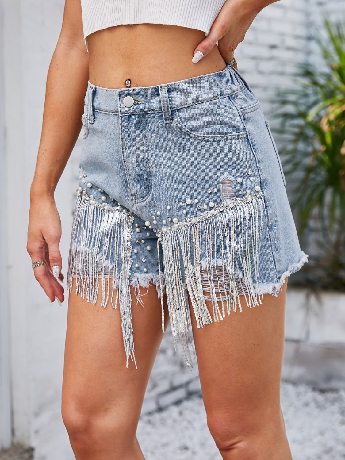 Distressed Pearl Trim Denim Shorts with Pockets - GirlyBayJeans & DenimDistressed Pearl Trim Denim Shorts with Pockets100100838575839XSLightGirlyBayDistressed Pearl Trim Denim Shorts with Pockets