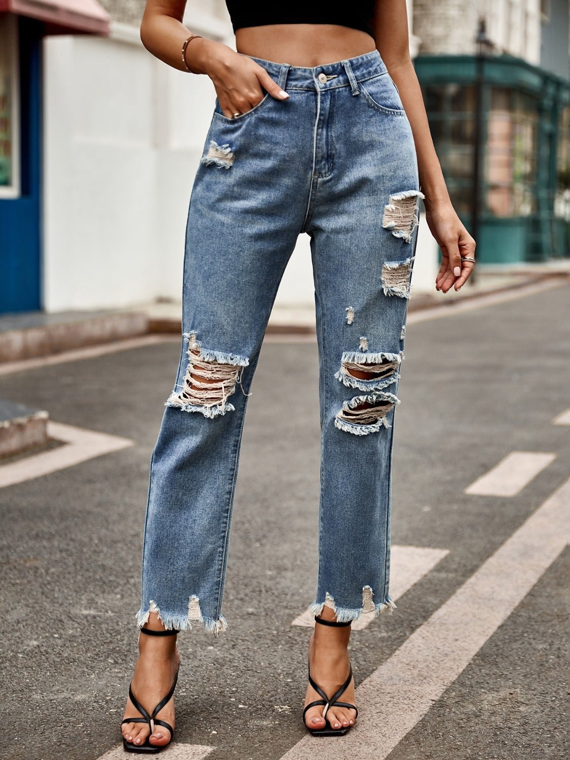 Distressed Raw Hem Jeans with Pockets - GirlyBayJeans & DenimDistressed Raw Hem Jeans with Pockets100100667801484SMediumGirlyBayDistressed Raw Hem Jeans with Pockets